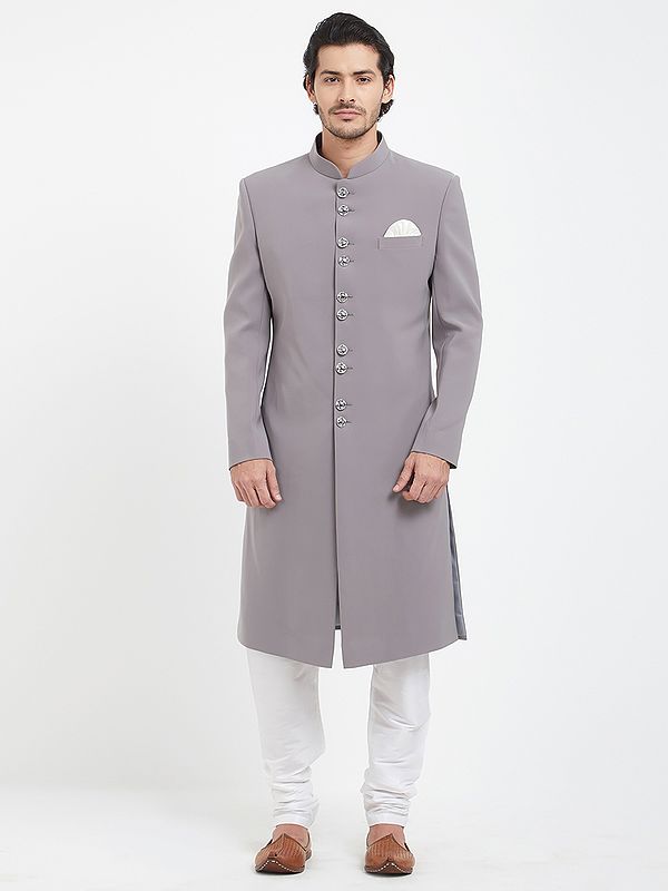 Men's Art Silk Navabi Sherwani with Churidar Pajama - Refined Plain Ethnic Ensemble for Wedding Ceremony