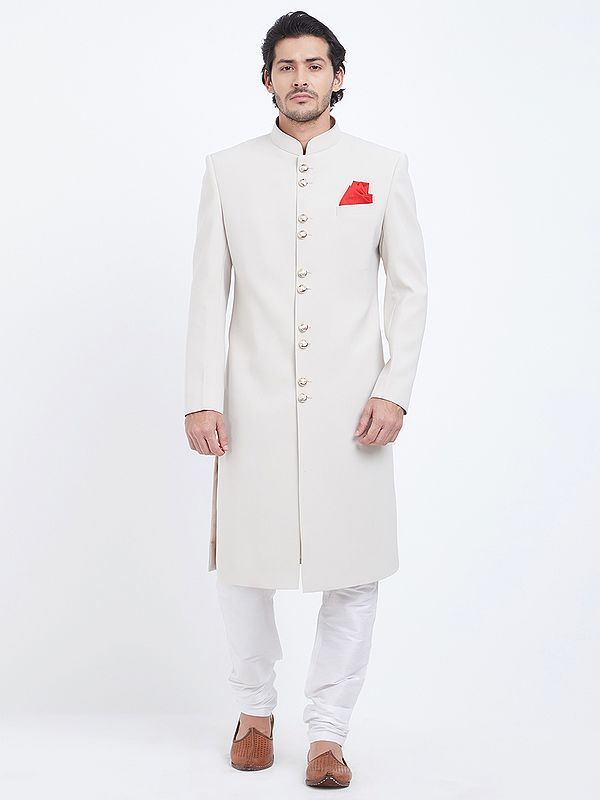 Men's Art Silk Navabi Sherwani with Churidar Pajama - Sleek Plain Designer Ethnic Outfit