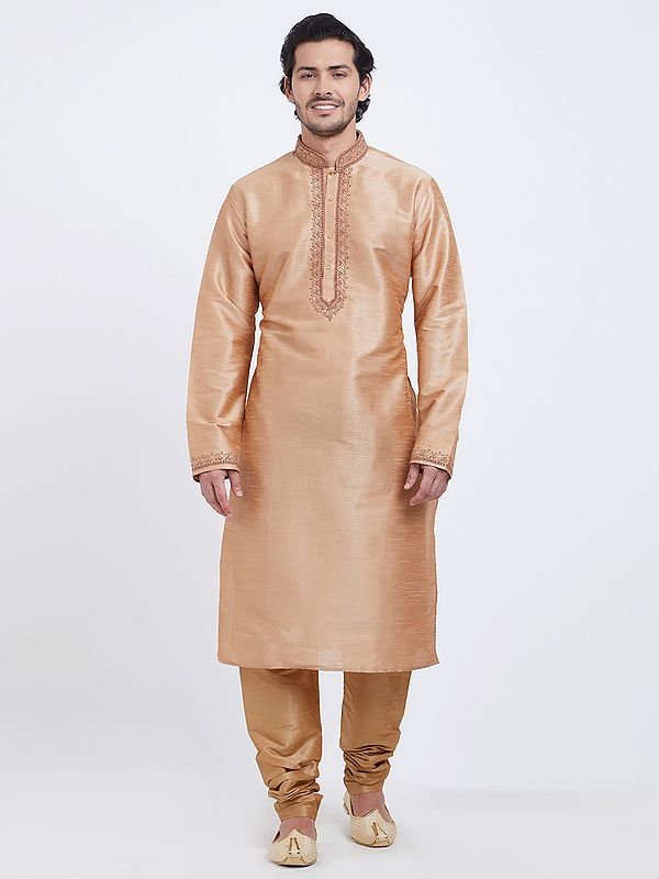 Men's Art Silk Kurta with Churidar Pajama - Embroidered Festive Ethnic Wear