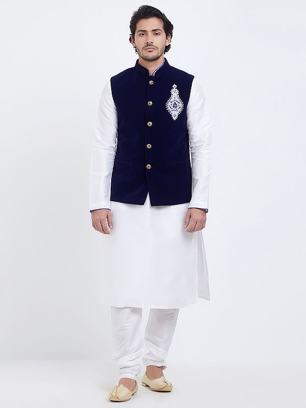 Men's Hand-Worked Velvet Nehru Jacket with Kurta & Churidar Pajama