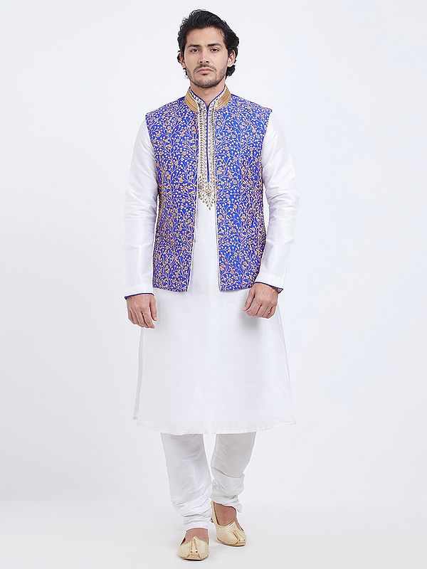 Men's Art Silk Embroidered Nehru Jacket with Kurta and Churidar Set
