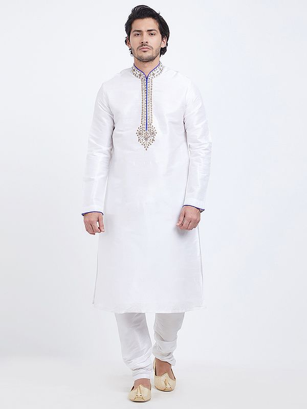 Men's White Art Silk Kurta with Churidar and Embroidery