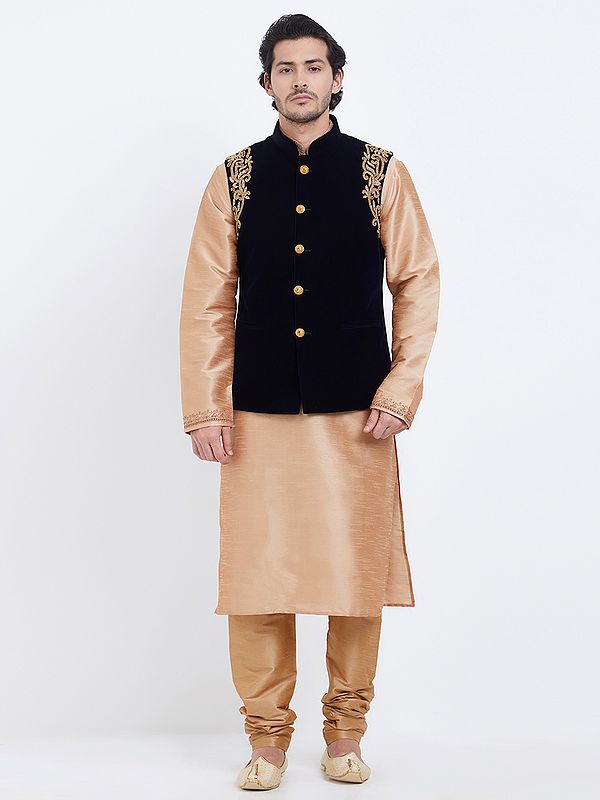 Velvet Nehru Jacket with Kurta and Churidar Pajama for Men | Hand-Embroidered Ethnic Ensemble