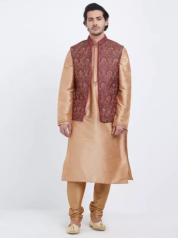 Designer Traditional Wear: Art Silk Kurta Pajama & Embroidered Nehru Jacket for Men