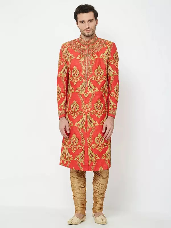 Men's Red Art Silk Sherwani with Heavy Gold Embroidery & Churidar Pajama