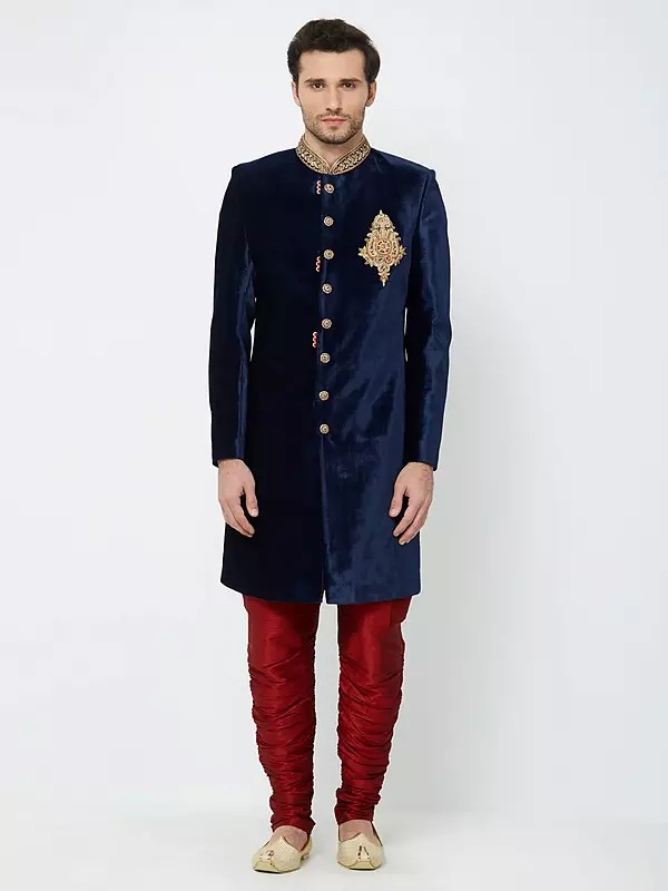 Men's Navy Velvet Sherwani Set with Gold Handwork Embroidery