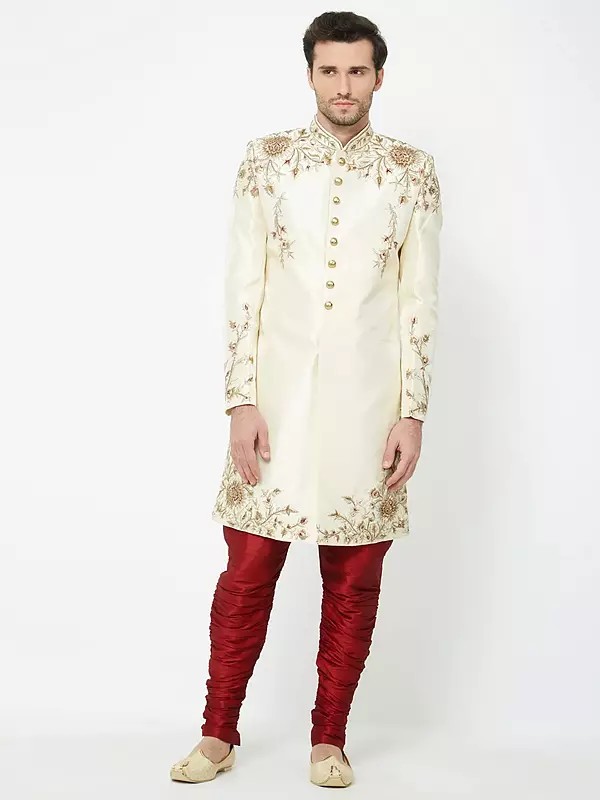 Men's Cream Art Silk Wedding Sherwani with Intricate Floral Embroidery