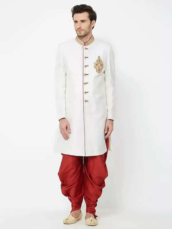 Traditional Art Silk Sherwani Ensemble with Hand-Embroidered Collar and Patiala Pants