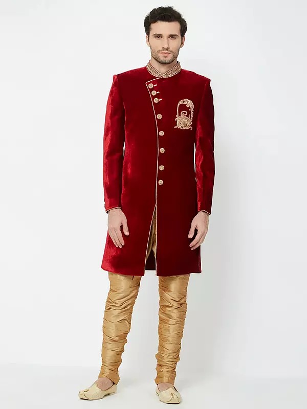 Art Silk Sherwani Set with Intricate Gold Embroidery for Wedding Ceremony