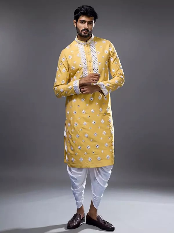 Traditional Yellow Silk Kurta with Patiala and Mirror Embellishments for Men