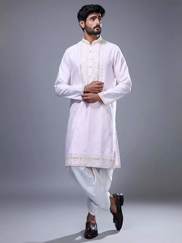Silk Kurta Pajama Set with Mirror Embellishments for Men