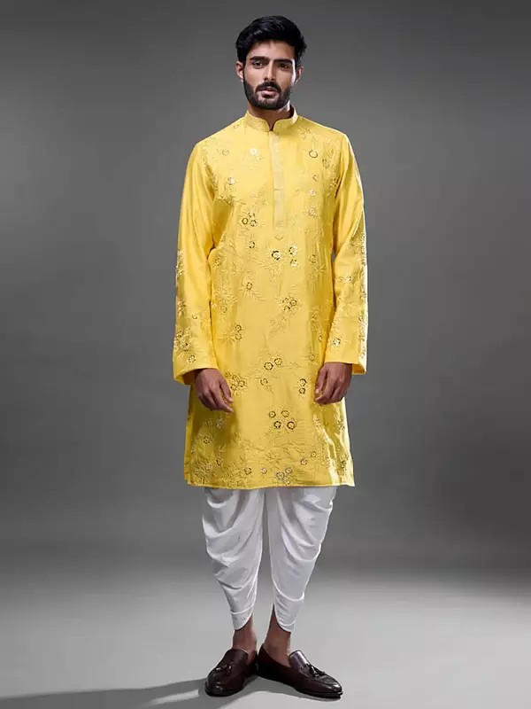 Yellow Silk Kurta Set with Floral Embroidery and Mirror Detailing for Men