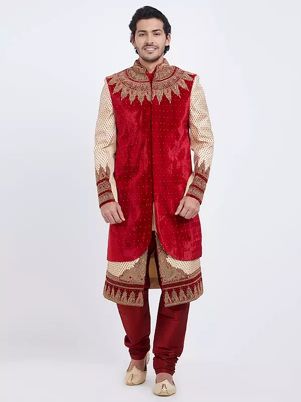 Brocade Sherwani With Churidar Pajama Set - Groom Attire for Men