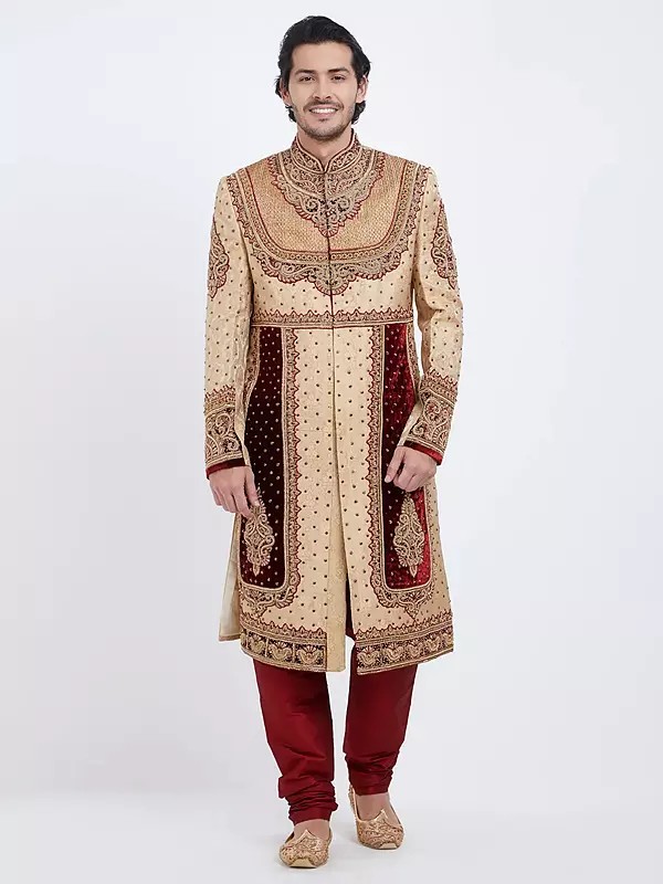 Men's Brocade Sherwani with Churidar Pajama - Handwork Designer Wedding Wear