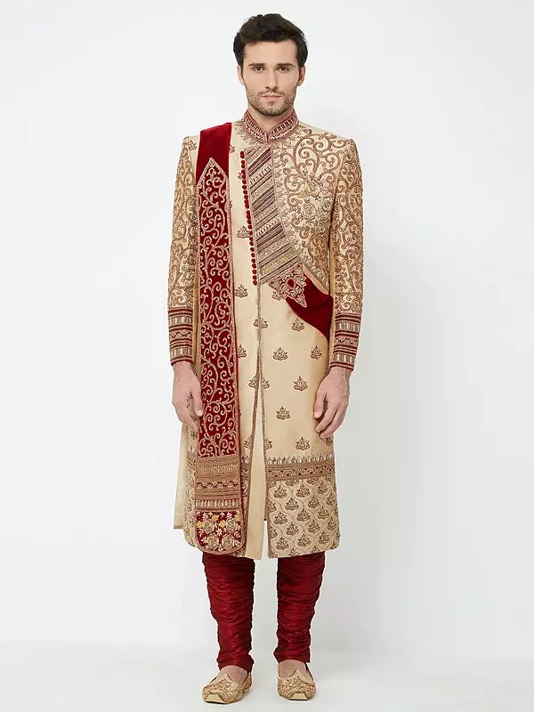 Royal Silk Sherwani for Men: Heavy Embroidery, Handwork Wedding Groom Attire - Indo-Western Style