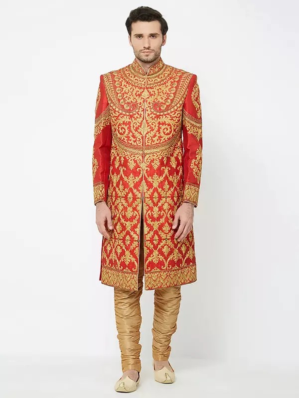 Crimson Embroidered Sherwani Ensemble for Formal Occasions
