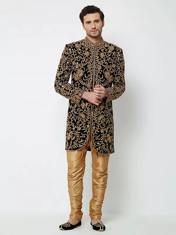 Heavily Embroidered Art Silk Sherwani Set with Intricate Handcrafted Detailing for Regal Weddings & Ceremonies