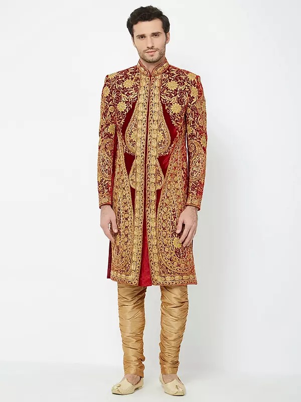 Regal Red Art Silk Sherwani with Handwork Detailing for Groom Reception
