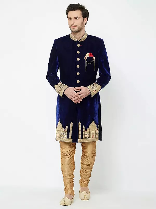 Royal Blue Velvet Sherwani Ensemble with Gold Architectural Embroidery