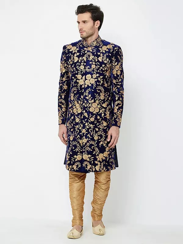 Gold Embroidered Sherwani Ensemble in Art Silk for Grand Celebrations