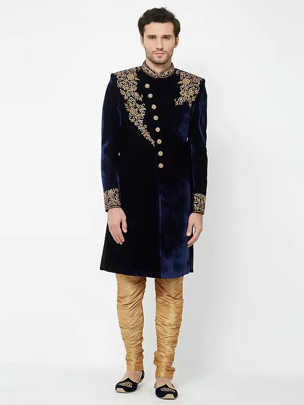 Navy Velvet Sherwani Set with Intricate Gold Embroidery for Grand Wedding Celebrations