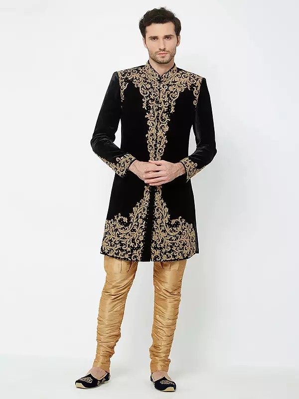 Black Velvet Sherwani Set with Gold Handwork for Grooms & Wedding Occasions