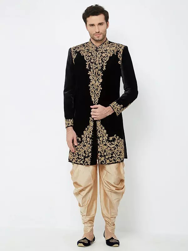 Groom's Velvet Sherwani Set with Detailed Embroidery and Art Silk Patiala