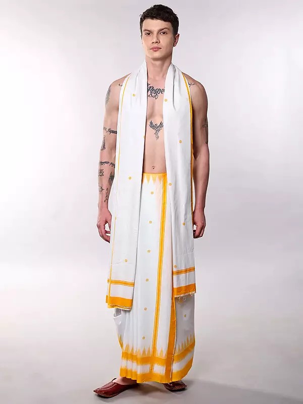 Star-White Cotton Dhoti and Angavastram Set with Printed Bootis & Temple Border