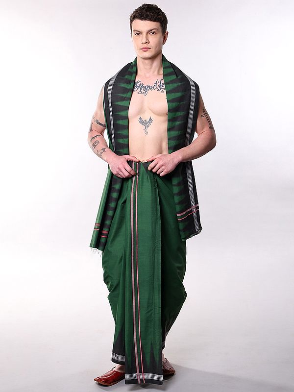 Cotton Dhoti with Angavastram Set and Printed Temple Border
