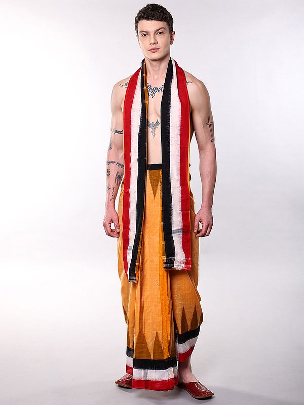 Pure Cotton Dhoti and Angavastram Set from Sambalpur with Woven Temple Border