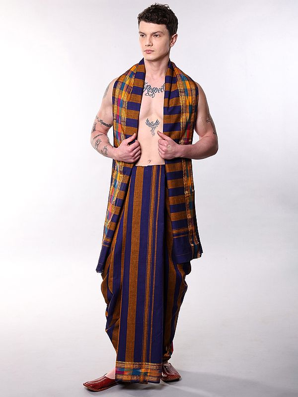 Dual-Color Stripes Woven Dhoti with Angavastram Set and Ikat Weave Rudraksha Border
