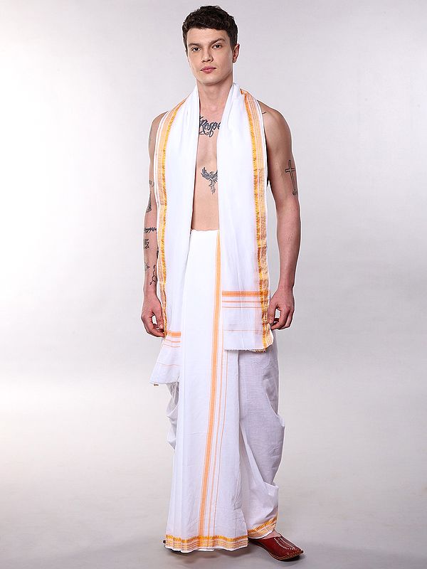Bright-White Dhoti and Angavastram Set with Temple Rudraksha Border