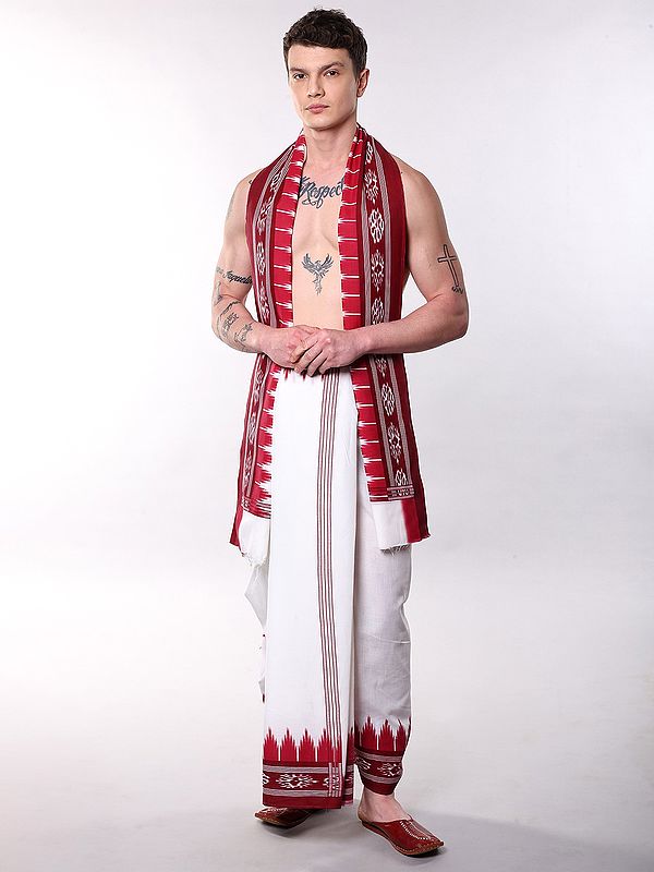 Brilliant-White Contrast Temple Border Dhoti with Angavastram Set