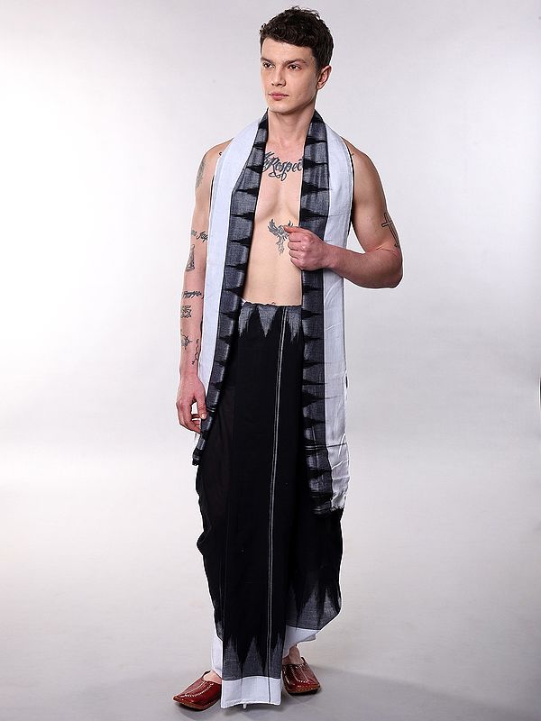 Jet-Black Pure Cotton Dhoti and Angavastram Set with Temple Border