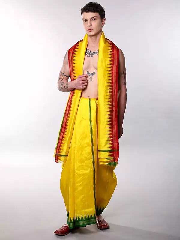 Cyber-Yellow Pure Silk Dhoti with Angavastram Set and Thread woven Rudraksha Temple Border