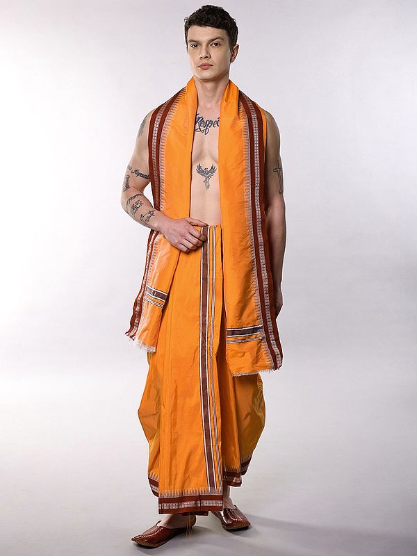 Art Silk Dhoti and Angavastram Set with Woven Temple-Rudraksha Border