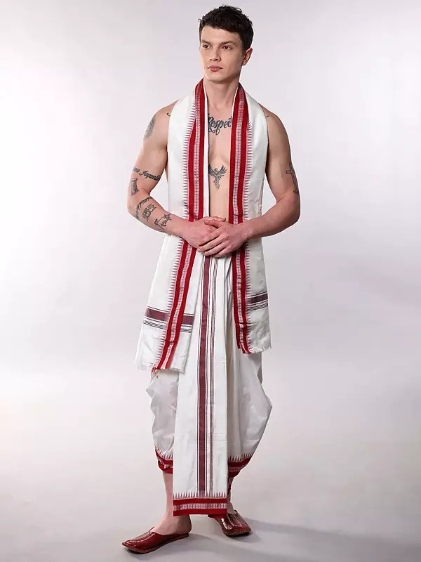 Traditional Woven Temple Border Dhoti and Angavastram Set