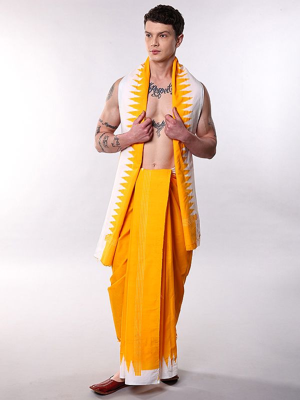 Radiant-Yellow Cotton Dhoti with Angavastram Set and Printed Temple Border