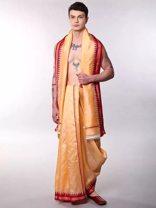 Beach-Sand Pure Silk Khandua Pata Dhoti with Angavastram Set and Temple Border