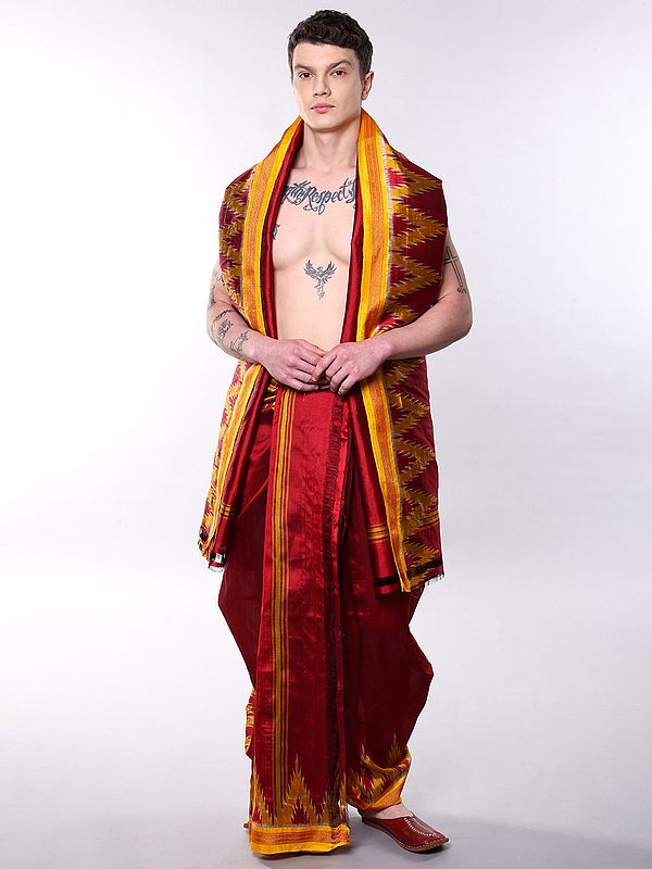 Savvy-Red Pure Silk Handloom Drape Dhoti and Angavastram Set with Thread woven Rudraksha & Ikat Temple Border