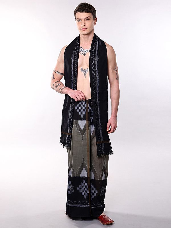 Agave-Green Pure Cotton Ikat Dhoti and Angavastram Set with Contrast Black Temple Border