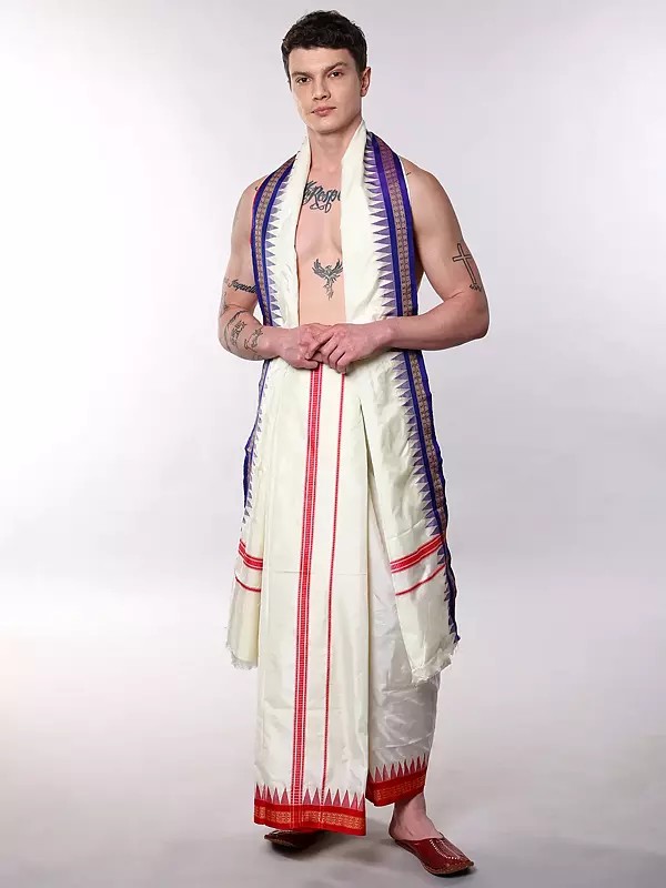 Drape Dhotis with Angavastram Set and Thread woven Temple Border