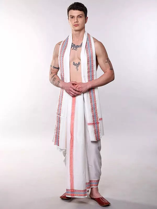 Men's Plain White Dhoti and Angavastram Set with Rudraksha Border