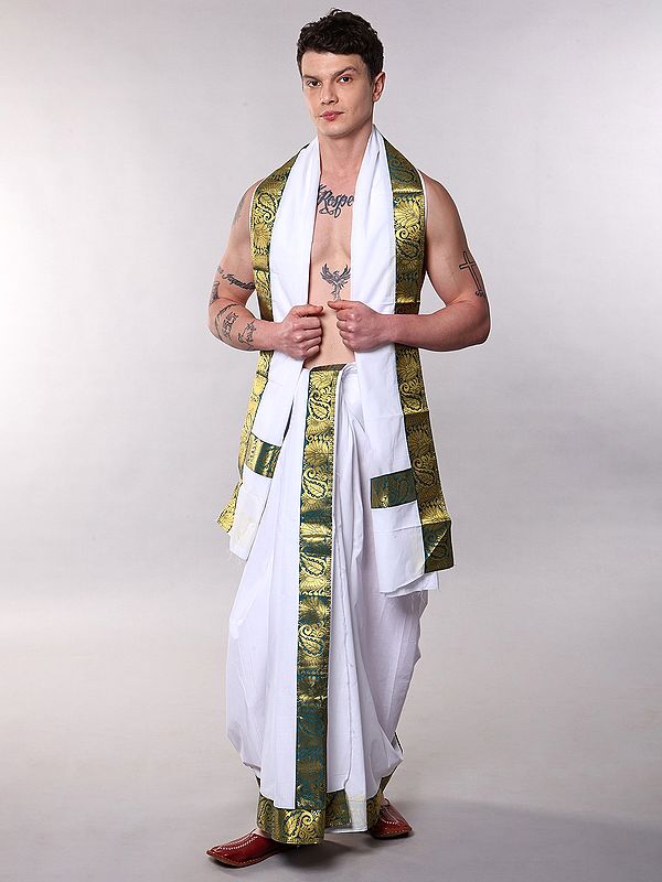 Men's Cotton Dhoti and Angavastram Set with Paisley Zari Border