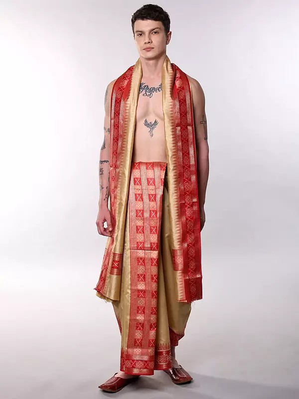 Traditional Temple Border Dhoti & Shoulder Cloth Set - Art Silk Ikat