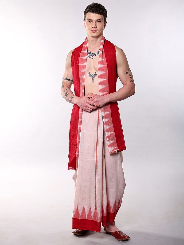 Sambalpuri Dhoti and Angavastram Set with Ikat Temple Border