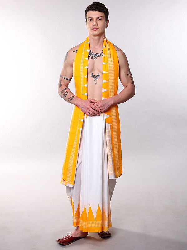 Lucent White Printed Sambalpuri Dhoti & Angavastram Set with Rudraksha Border
