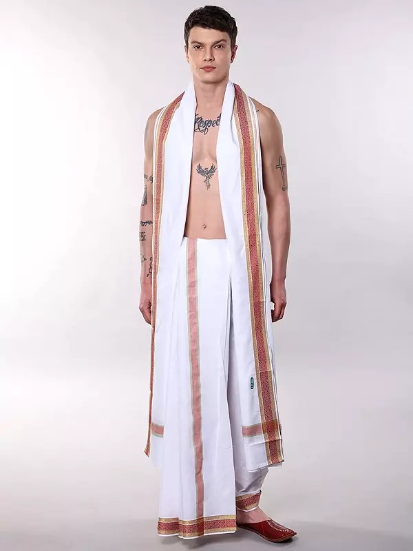 White Cotton Dhoti and Angavastram Set with Multi Thread Woven Border