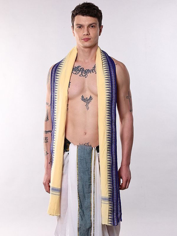 Traditional Angavastram Scarf - Temple & Rudraksha Border Design