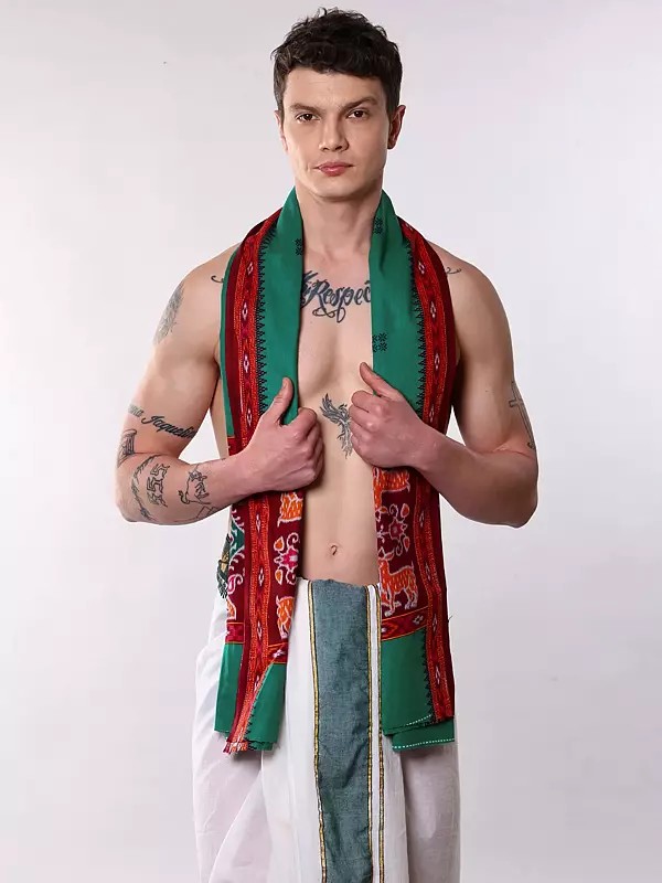 Men's Angavastram: Pepper-Green Ikat with Deer Motif